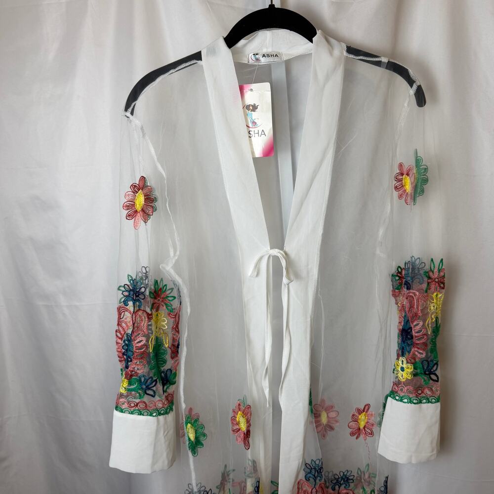 NWT ASHA Sheer Embroidered Floral Kimono Cardigan One Size Lightweight Duster - Picture 7 of 9